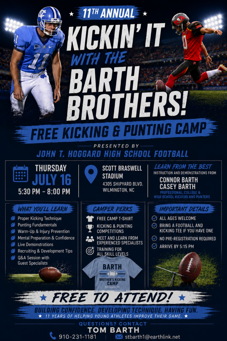 Poster for the 11th annual Kickin’ It with the Barth Brothers, a free kicking and punting camp, July 16, 5:30–8 PM, Scott Braswell Stadium, Wilmington, NC.