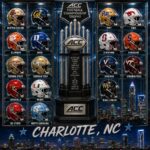 Promotional poster for the ACC Kickoff in Charlotte, NC, with the championship trophy center and team helmets/logos around it.