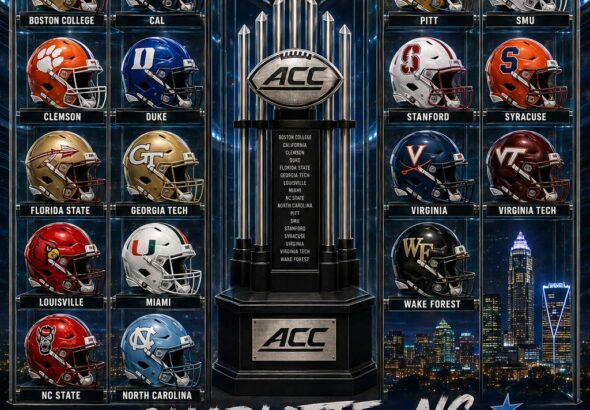 Promotional poster for the ACC Kickoff in Charlotte, NC, with the championship trophy center and team helmets/logos around it.