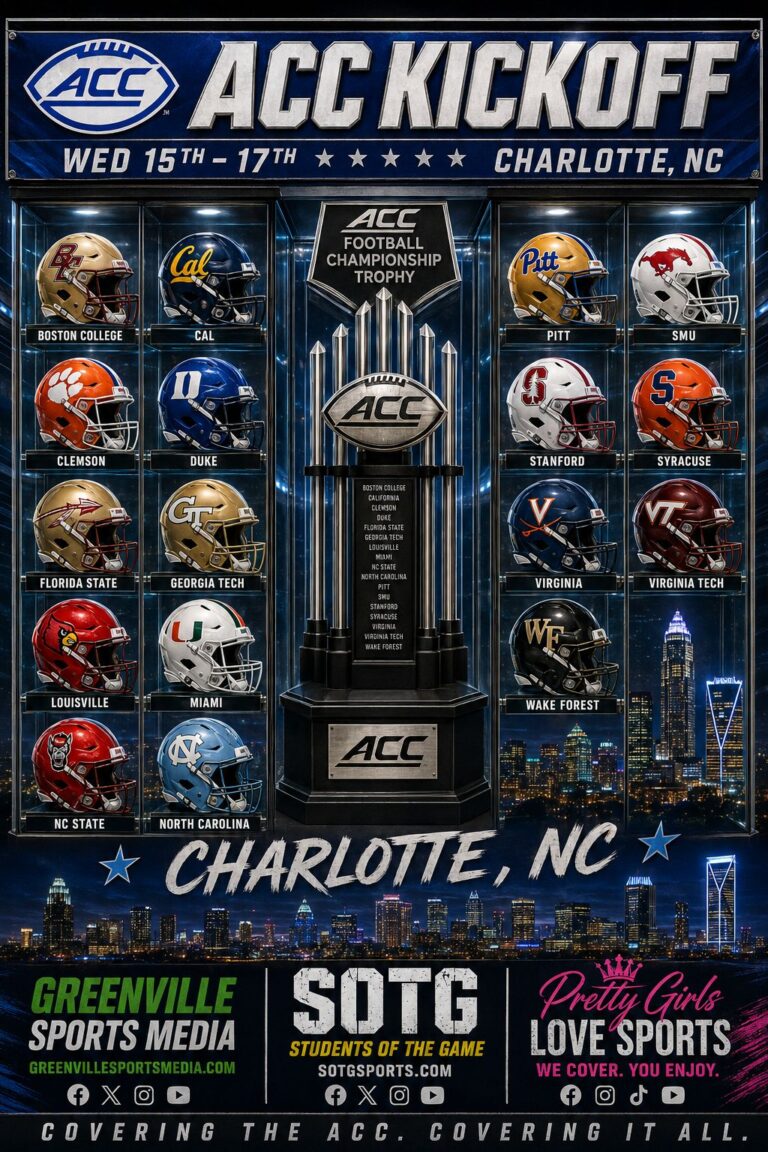 Promotional poster for the ACC Kickoff in Charlotte, NC, with the championship trophy center and team helmets/logos around it.