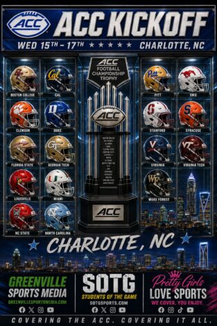 Promotional poster for the ACC Kickoff in Charlotte, NC, with the championship trophy center and team helmets/logos around it.