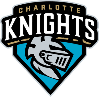 Charlotte Knights baseball team logo featuring a knight's helmet over a teal shield with bold 'Charlotte Knights' text above the shield.