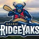 Salem Ridge Yaks team logo featuring a blue yak mascot holding a paddle with mountains in the background.