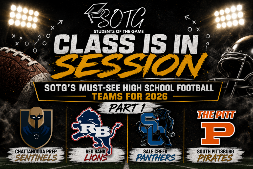 Promotional sports banner: 'Class is in Session' featuring four high school football team logos (Sentinels, Lions, Panthers, Pirates).