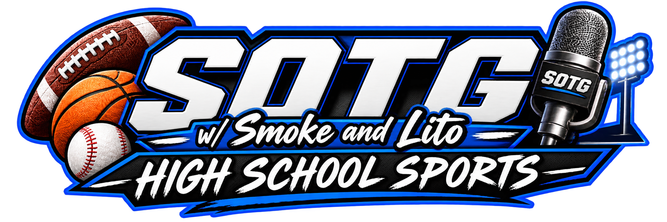 Logo for SOTS High School Sports featuring a football, basketball, baseball, a microphone, and bold blue-outlined white text.