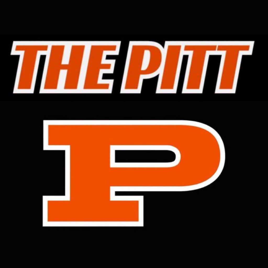 Logo reading 'THE PITT' with a large orange 'P' on a black background, bold white-outlined letters