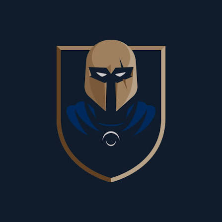 Logo emblem: a hooded masked figure inside a gold-bordered shield on a dark blue background, with a blue cloak and minimalist detailing.