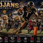 Anderson Trojans football poster with a player sprinting toward the end zone, surrounded by cheering mascot teammates and stadium lights at dusk.","South Atlantic Conference football poster for the Anderson Trojans with a running back carrying the ball and mascots lined up behind.","Hero image of an Anderson Trojans player in black uniform charging forward with mascots and team logos along the bottom.","Team-oriented poster showing the Anderson Trojans’ dynamic play and mascot lineup for the season.","Promotional image featuring Anderson Trojans football, parading mascots and conference branding under stadium lights."