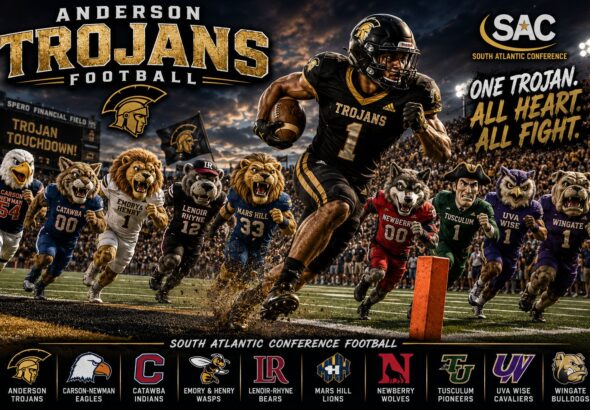 Anderson Trojans football poster with a player sprinting toward the end zone, surrounded by cheering mascot teammates and stadium lights at dusk.","South Atlantic Conference football poster for the Anderson Trojans with a running back carrying the ball and mascots lined up behind.","Hero image of an Anderson Trojans player in black uniform charging forward with mascots and team logos along the bottom.","Team-oriented poster showing the Anderson Trojans’ dynamic play and mascot lineup for the season.","Promotional image featuring Anderson Trojans football, parading mascots and conference branding under stadium lights."