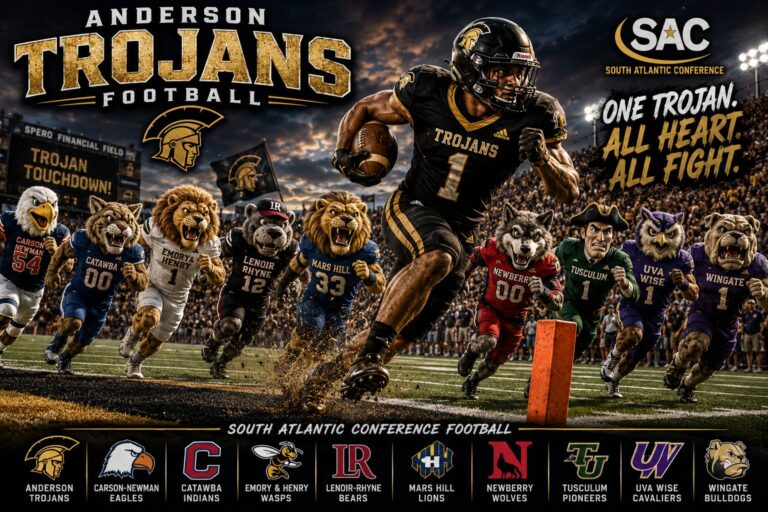 Anderson Trojans football poster with a player sprinting toward the end zone, surrounded by cheering mascot teammates and stadium lights at dusk.","South Atlantic Conference football poster for the Anderson Trojans with a running back carrying the ball and mascots lined up behind.","Hero image of an Anderson Trojans player in black uniform charging forward with mascots and team logos along the bottom.","Team-oriented poster showing the Anderson Trojans’ dynamic play and mascot lineup for the season.","Promotional image featuring Anderson Trojans football, parading mascots and conference branding under stadium lights."