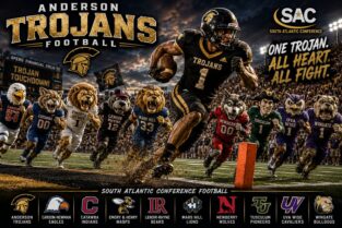 Anderson Trojans football poster with a player sprinting toward the end zone, surrounded by cheering mascot teammates and stadium lights at dusk.","South Atlantic Conference football poster for the Anderson Trojans with a running back carrying the ball and mascots lined up behind.","Hero image of an Anderson Trojans player in black uniform charging forward with mascots and team logos along the bottom.","Team-oriented poster showing the Anderson Trojans’ dynamic play and mascot lineup for the season.","Promotional image featuring Anderson Trojans football, parading mascots and conference branding under stadium lights."