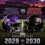 Poster-style image announcing Furman Paladins vs. Davidson Wildcats football series to play in 2029 and 2030, with purple Furman helmet and black Wildcats helmet on a football field at dusk.