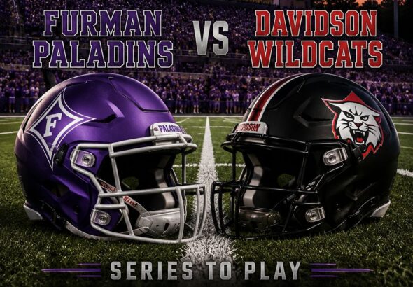 Poster-style image announcing Furman Paladins vs. Davidson Wildcats football series to play in 2029 and 2030, with purple Furman helmet and black Wildcats helmet on a football field at dusk.