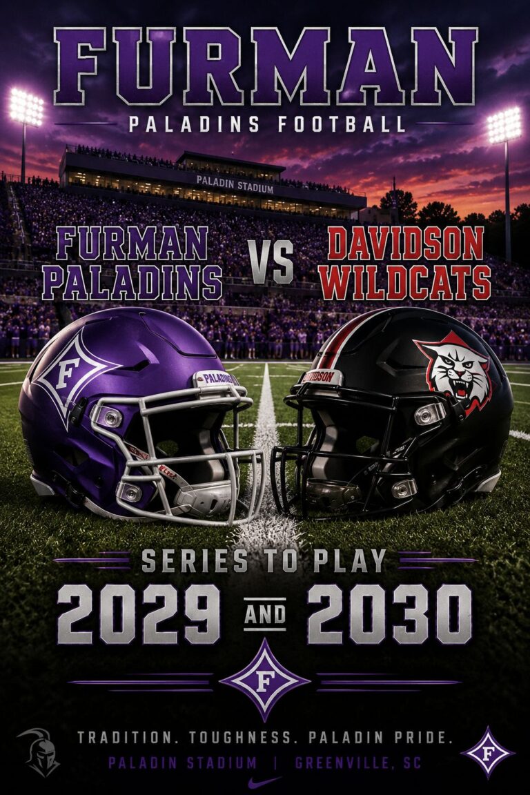 Poster-style image announcing Furman Paladins vs. Davidson Wildcats football series to play in 2029 and 2030, with purple Furman helmet and black Wildcats helmet on a football field at dusk.