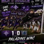 Promotional poster for Furman Paladins men's soccer with goalkeeper diving to save; final score 1-0 Paladins win, crowd cheering in purple.