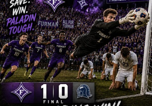 Promotional poster for Furman Paladins men's soccer with goalkeeper diving to save; final score 1-0 Paladins win, crowd cheering in purple.