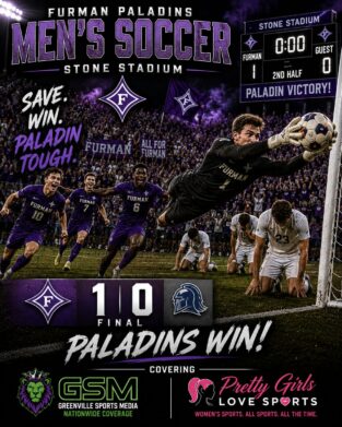 Promotional poster for Furman Paladins men's soccer with goalkeeper diving to save; final score 1-0 Paladins win, crowd cheering in purple.