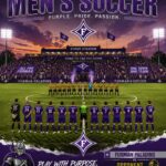 Furman Paladins men's soccer team lined up on the field at Stone Stadium at sunset, in purple uniforms amid a large crowd.