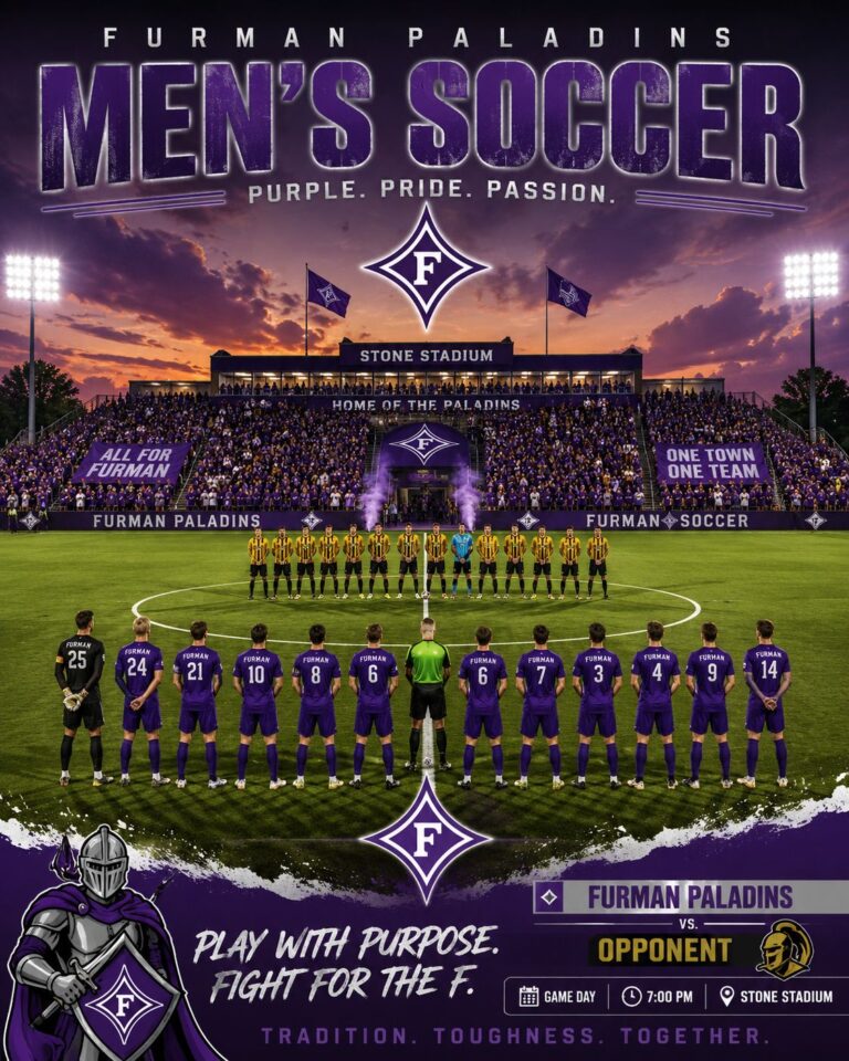 Furman Paladins men's soccer team lined up on the field at Stone Stadium at sunset, in purple uniforms amid a large crowd.