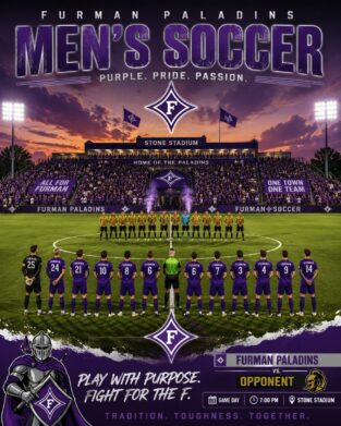 Furman Paladins men's soccer team lined up on the field at Stone Stadium at sunset, in purple uniforms amid a large crowd.