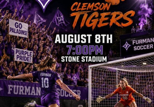 Furman Paladins women's soccer poster announcing Aug 8, 7:00 PM at Stone Stadium, featuring a purple-clad player taking a shot at Clemson.