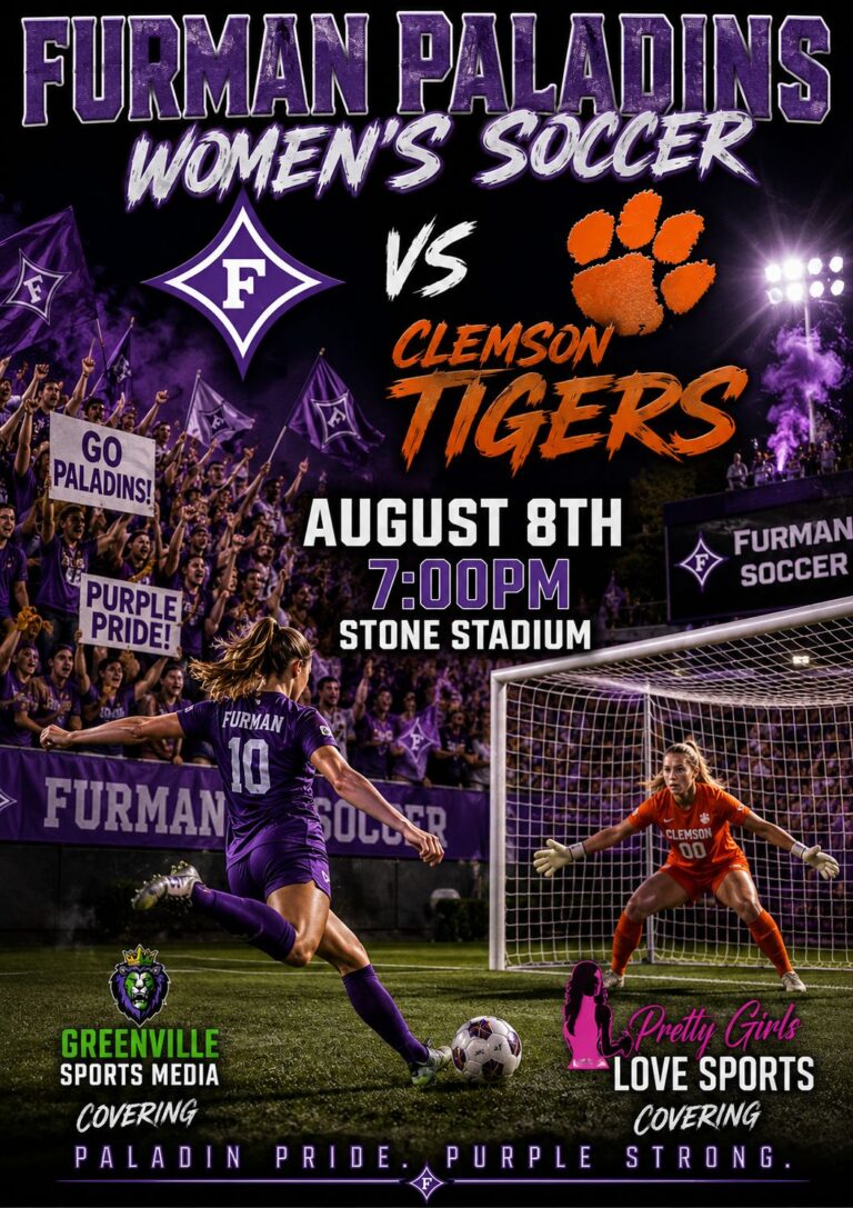 Furman Paladins women's soccer poster announcing Aug 8, 7:00 PM at Stone Stadium, featuring a purple-clad player taking a shot at Clemson.