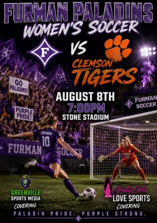 Furman Paladins women's soccer poster announcing Aug 8, 7:00 PM at Stone Stadium, featuring a purple-clad player taking a shot at Clemson.