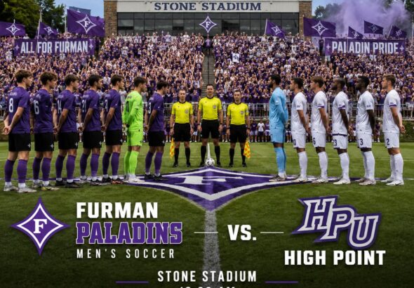 Furman Paladins vs. High Point men’s soccer teams line up on the field at Stone Stadium as fans watch in purple.