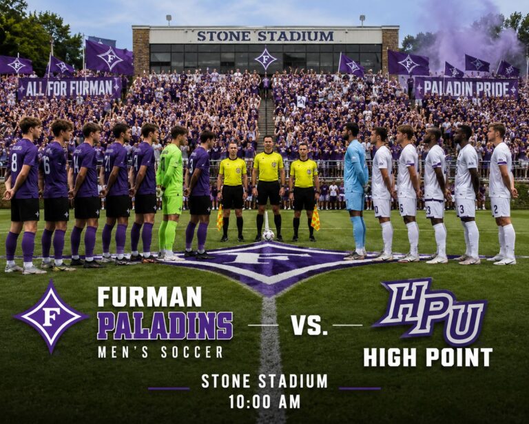 Furman Paladins vs. High Point men’s soccer teams line up on the field at Stone Stadium as fans watch in purple.