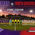 Promotional banner for Furman Paladins vs. North Greenville Trailblazers football game at Stone Stadium, 7 PM, with team lineups and team logos on field.