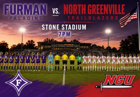 Promotional banner for Furman Paladins vs. North Greenville Trailblazers football game at Stone Stadium, 7 PM, with team lineups and team logos on field.