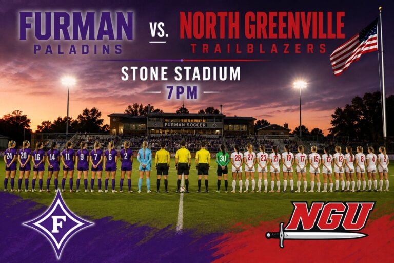 Promotional banner for Furman Paladins vs. North Greenville Trailblazers football game at Stone Stadium, 7 PM, with team lineups and team logos on field.