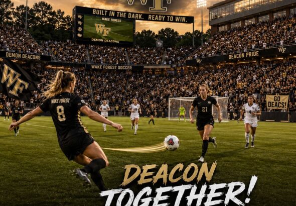 Action shot of Wake Forest women's soccer on a packed stadium field, with 'Deacon Together!' slogan and team logos (WF, Deacons).