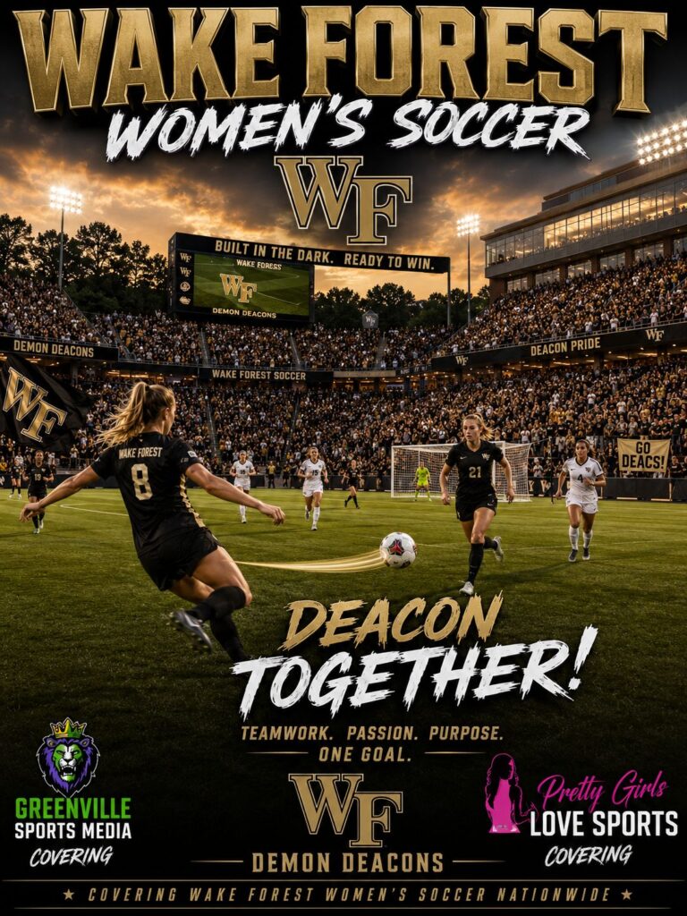 Action shot of Wake Forest women's soccer on a packed stadium field, with 'Deacon Together!' slogan and team logos (WF, Deacons).