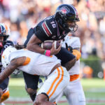 South Carolina quarterback LaNorris Sellers gets tackled during the first half of the Gamecocks’ game against Tennessee in Columbia on Saturday, October 24, 2026.