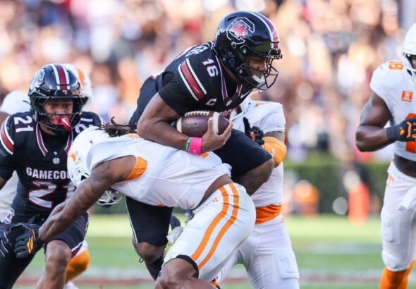 South Carolina quarterback LaNorris Sellers gets tackled during the first half of the Gamecocks’ game against Tennessee in Columbia on Saturday, October 24, 2026.