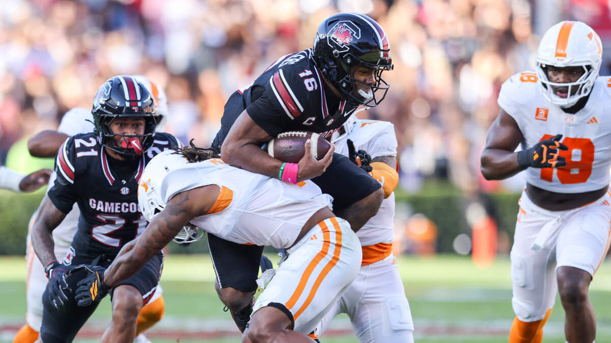South Carolina quarterback LaNorris Sellers gets tackled during the first half of the Gamecocks’ game against Tennessee in Columbia on Saturday, October 24, 2026.